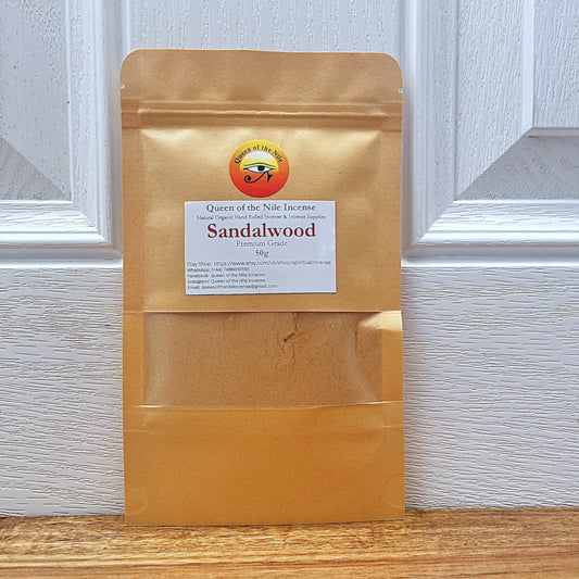 sandalwood powder in  a brown paper pouch for makng incense sticks/cones and loose incense